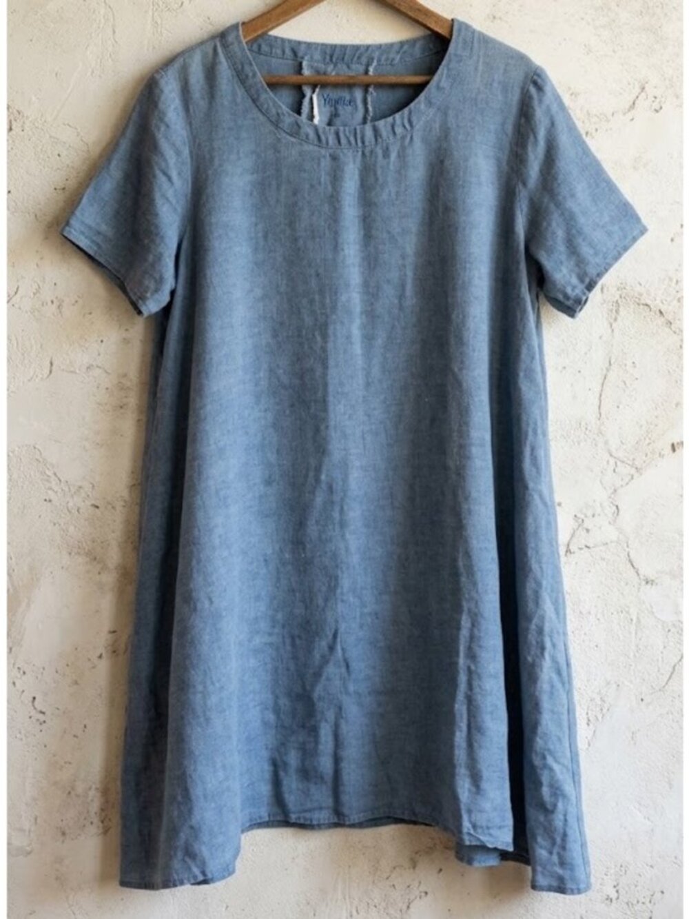 Yuvita S Linen Dress Tunic Lagenlook Chambray Pockets Flared Blue Popover Roomy